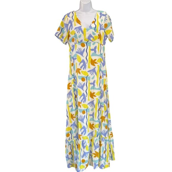 Lili Sidonio White Baby Doll Blue Maxi Abstract Print Short Sleeve Dress Sz M - Picture 1 of 6